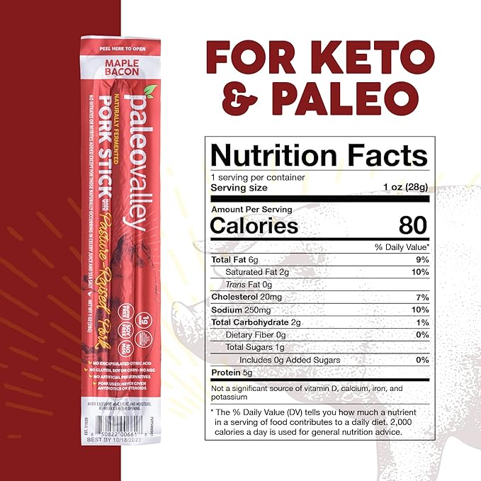 Paleovalley Pasture-Raised Pork Sticks - Maple Bacon Flavor Meat Sticks Individually Wrapped, 28g