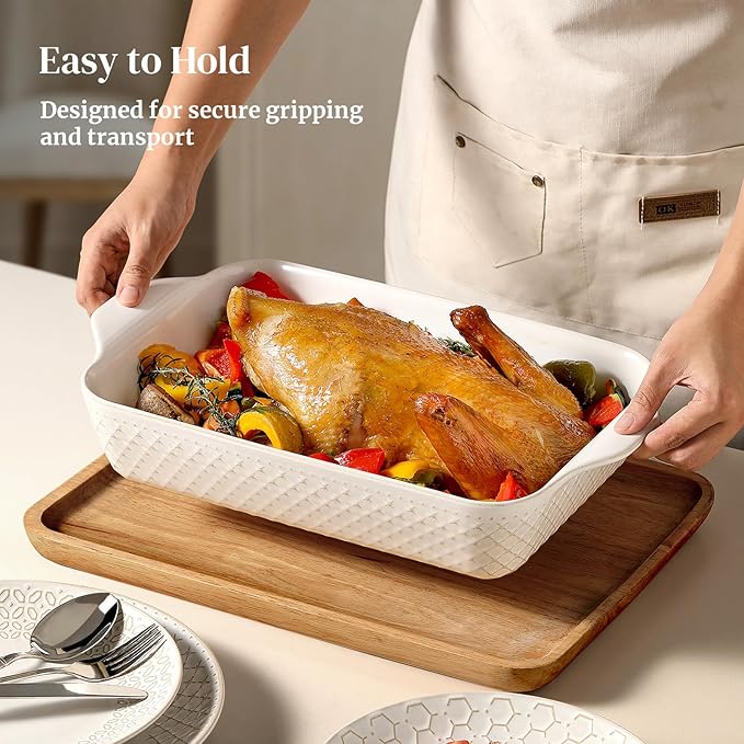 DOWAN 9x13 Deep Lasagna Baking Dish, Ceramic Casserole Dish for Oven, 4 Quarts Embossed Baking Pan