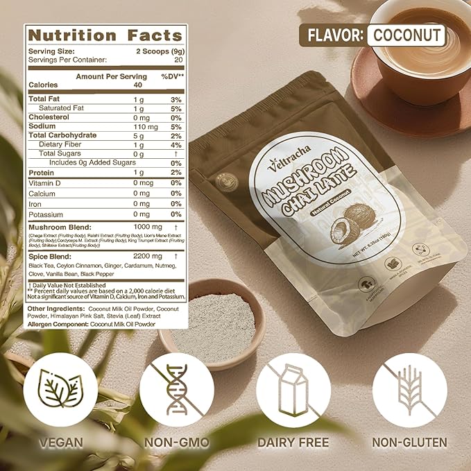 Veltracha Mushroom Chai Tea, Instant Chai Tea Powder with 6 Adaptogenic Mushrooms, Spiced Chai