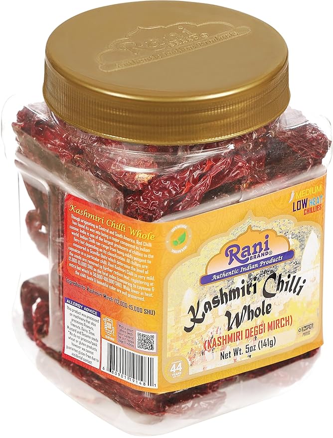 Rani Kashmiri Chilli Whole (Deggi Mirch, Low Heat) 5oz (141g) PET Jar ~ Natural | Salt-Free | Vegan
