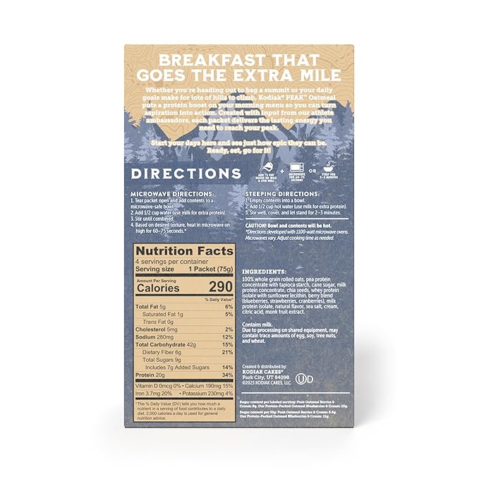 Kodiak Cakes Peak Instant Oatmeal Packets, Berries & Cream, High Protein,100% Whole Grains, 6 box