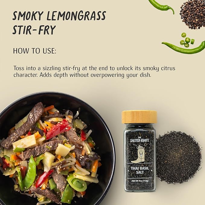 The Salted Roots - Smoked Thai Basil Salt - Infused with Thai Basil, Sauv Blanc, Lemongrass &