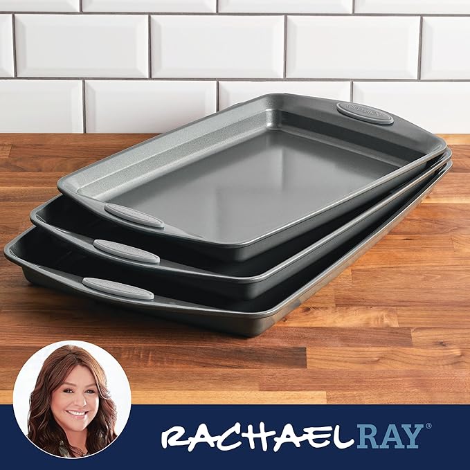 Rachael Ray Nonstick Bakeware Set with Grips, Nonstick Cookie Sheets / Baking Sheets - 3 Piece