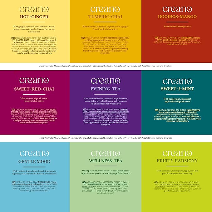 Creano Organic Herbal Tea Sampler Gift Set - Tea Gift Box - 27 Organic Tea Bags in 9 Different