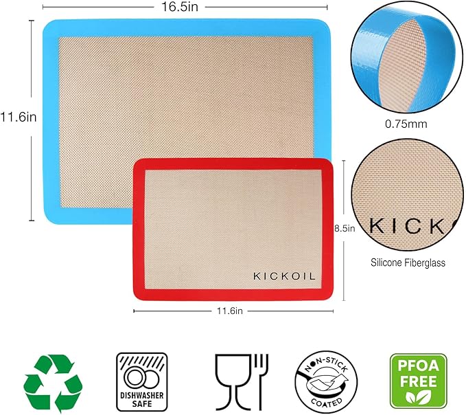 Silicone Baking Mat Large Baking Mat Set of 3-2 Half Sheets 16.5" x 11.6" +1 Quarter Sheet,Reusable