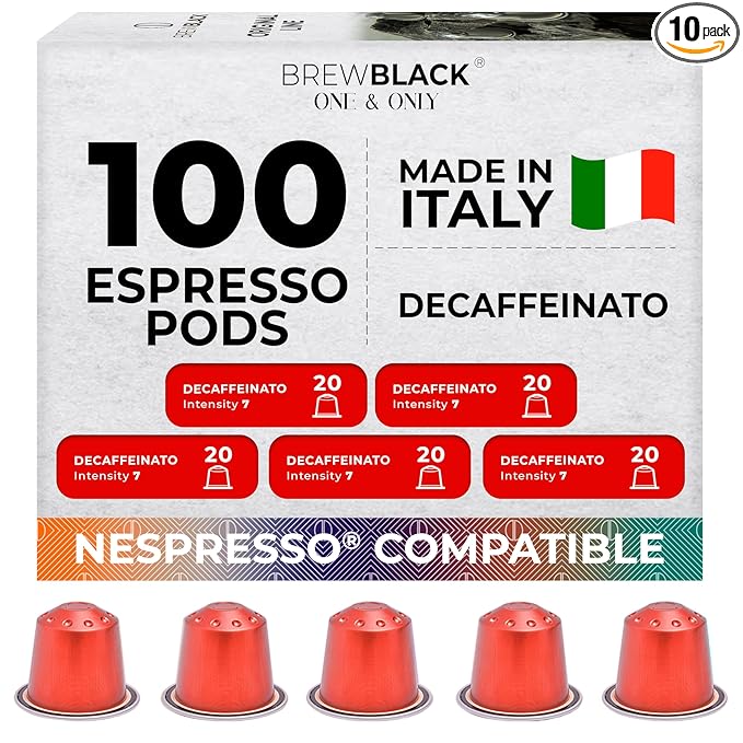 BrewBlack Decaffeinato Coffee Capsules - 100 Aluminum Coffee Pods Compatible with Nespresso