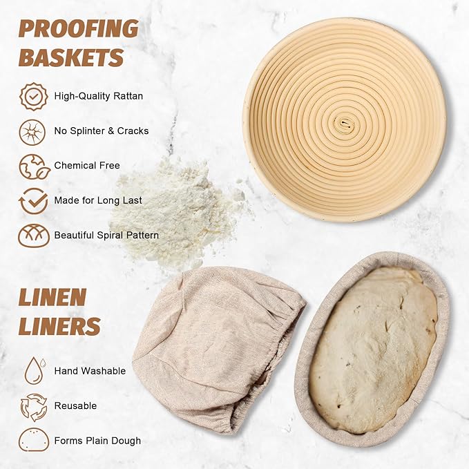 Sourdough Proofing Basket Gift Set, 9" Round and 10" Oval Banneton Bread Baking Supplies, Sourdough