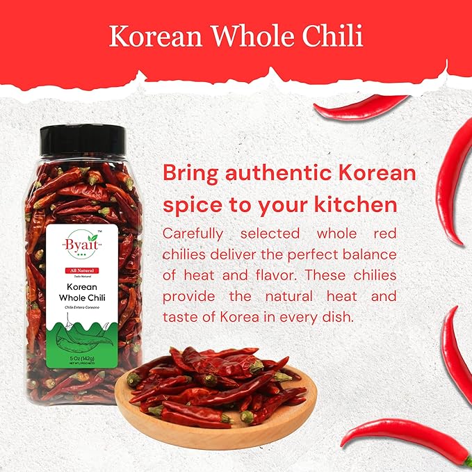 Byait Korean Whole Chili Peppers 5 Oz, Pure Red Chilies for Authentic Korean Cooking, Kimchi