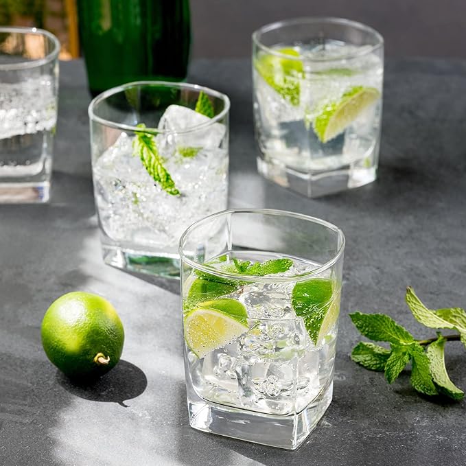 Square Drinking Whiskey Glasses Set of 4, Old Fashioned Glass Cup Bar Set, Stemless Everyday Rocks
