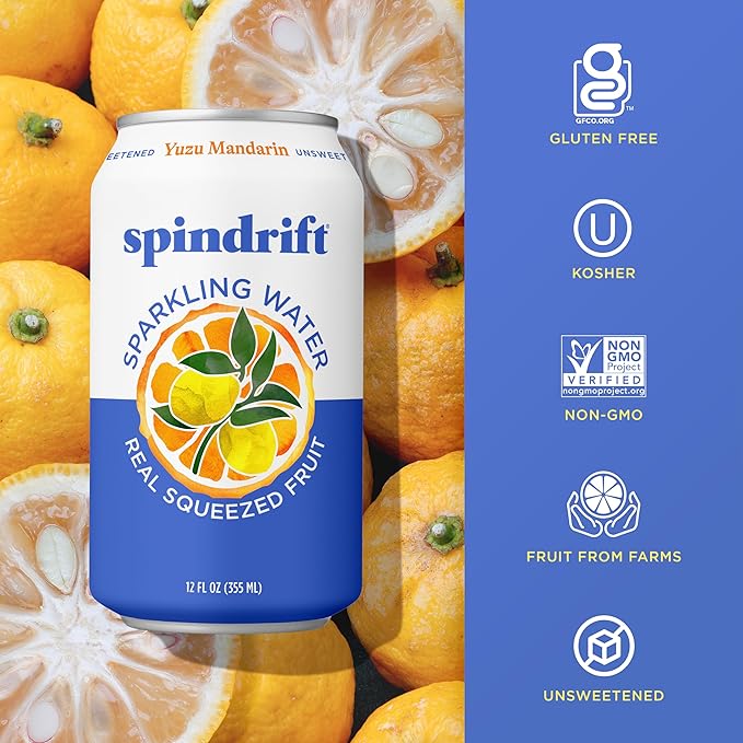 Spindrift Sparkling Water, Yuzu Mandarin Flavored, Made with Real Squeezed Fruit, 12 Fl OZ Cans