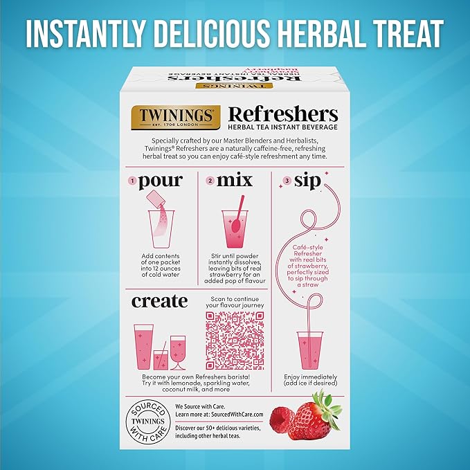 NEW Twinings Strawberry Raspberry Refreshers, Herbal Tea Instant Beverage with Real Strawberry