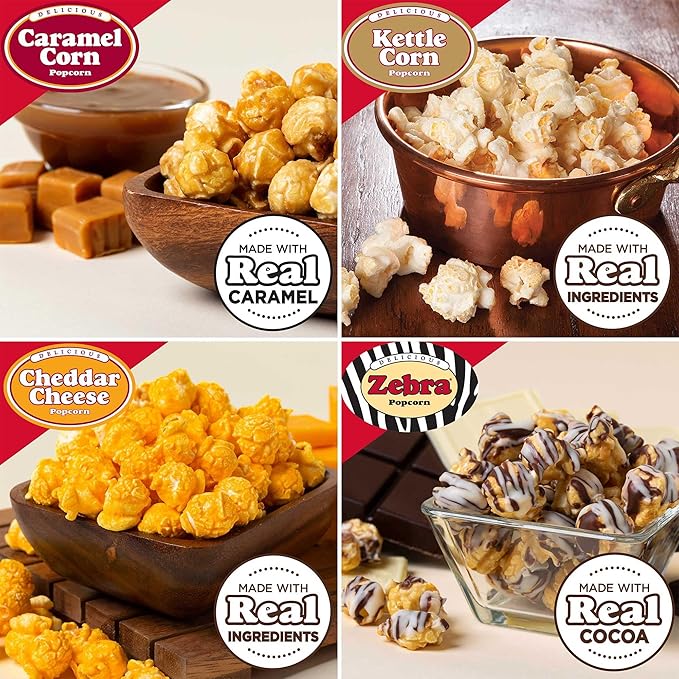 Popcornopolis Gourmet Popcorn Mini Cones Variety Pack ??10 Each of Zebra, Cheddar Cheese, Caramel &