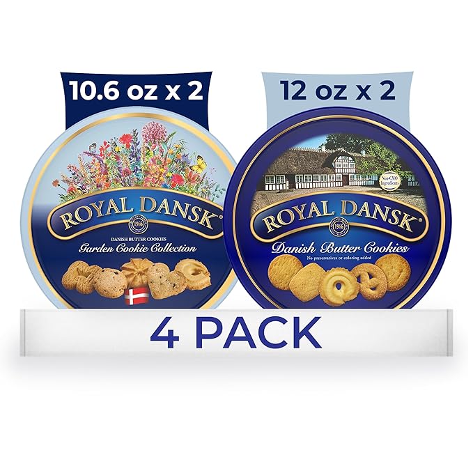 Royal Dansk Garden Cookie Collection & Danish Butter Cookies, 4-Pack, Includes Two 12 oz and Two