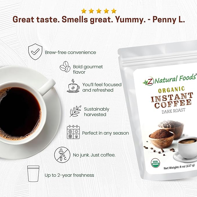Z Natural Foods Organic Instant Coffee Powder - Rich Dark Roast Flavor, Arabica Instant Espresso