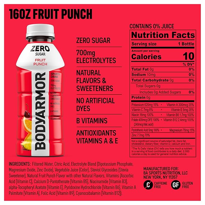 BODYARMOR ZERO Sugar Fruit Punch, Sugar Free Sports Drink - Low-Calorie Hydration - Natural Flavors