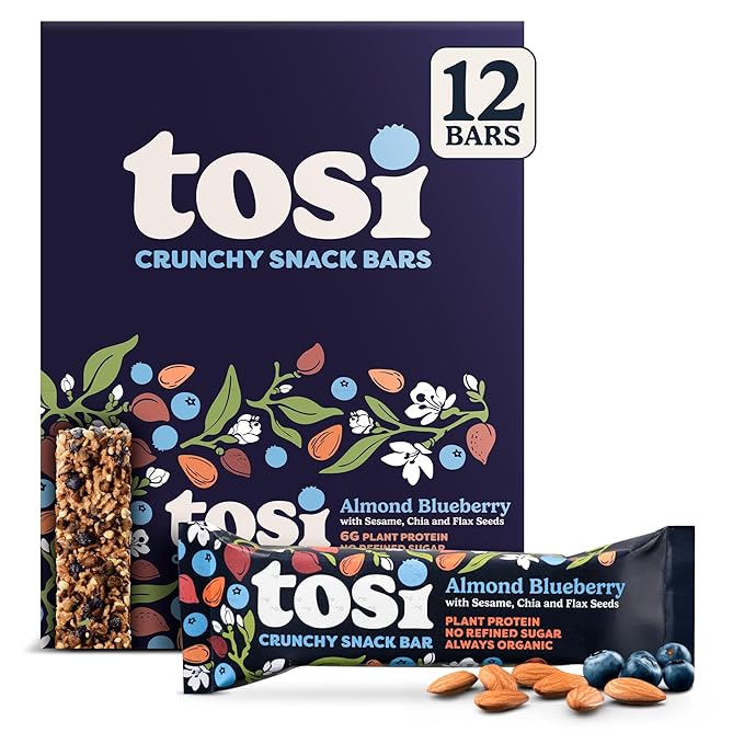 Tosi Almond Blueberry Protein Bars, Plant Based with Nuts, Gluten-Free Crunchy Snacks, Vegan