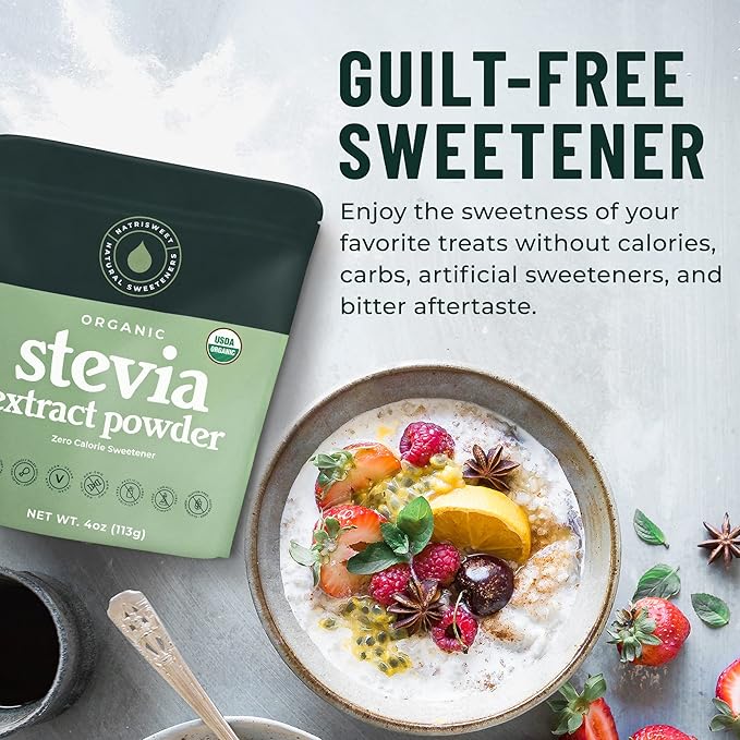 Organic 100% Pure Stevia Powder, 4 oz, Satisfies Sweet Cravings, Lowers Blood Sugar Levels for