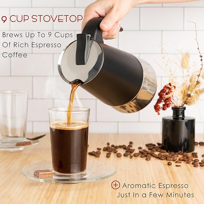 Mixpresso Black 9 Cup Greca Stovetop Espresso Pot 450ml/15oz, Moka Pot with Coffee Percolator