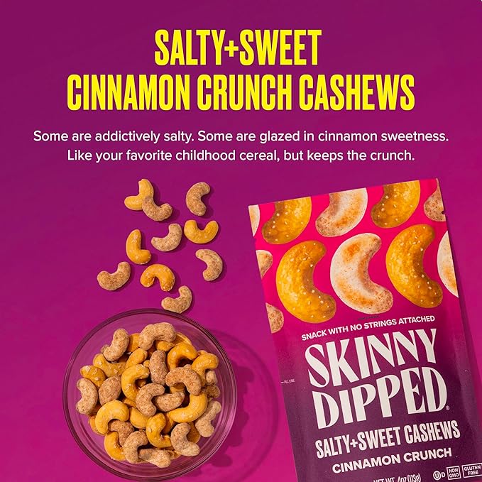 SkinnyDipped Salty + Sweet Cinnamon Crunch Cashew, Healthy Snack, Plant Protein, Gluten Free, 4 oz