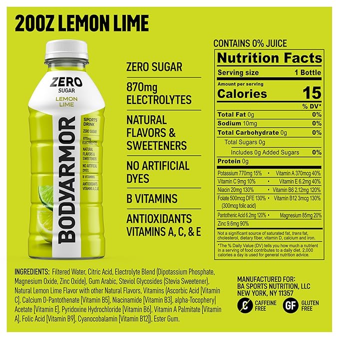 BODYARMOR ZERO Sugar Lemon Lime, Sugar Free Sports Drink - Low-Calorie Hydration - Natural Flavors