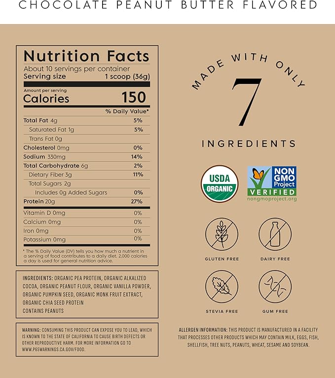 Truvani Vegan Pea Protein Powder | Chocolate Peanut Butter | 20g Organic Plant Based Protein | 10