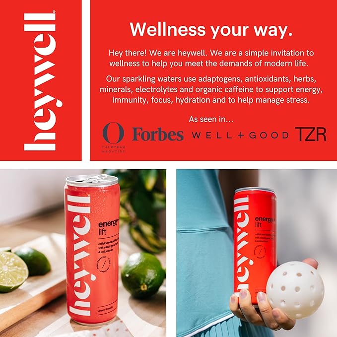 Heywell Sparkling Adaptogenic Water Energy and LIft, Cherry Limeade Flavor 12 Fluid Ounce (Pack of