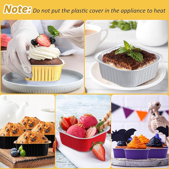 Aoriher 150 Pieces 10 oz Mini Cake Pans with Lids Aluminum Foil Baking Cups Square Disposable 4" x