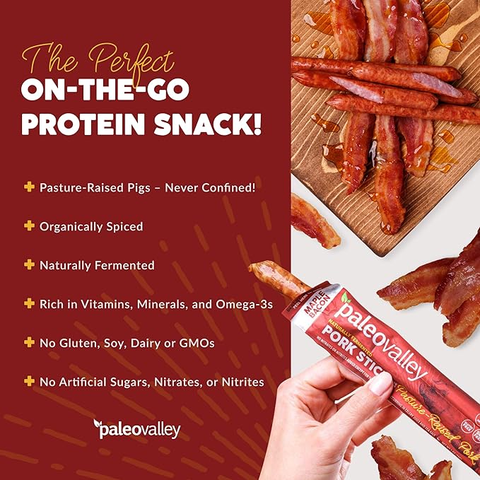 Paleovalley Pasture-Raised Pork Sticks - Maple Bacon Flavor Meat Sticks Individually Wrapped, 28g