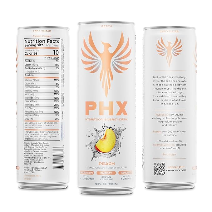 PHX Hydration Energy Drink - 700mg Electrolytes, 200mg Natural Green Tea Caffeine, 100% Daily Value