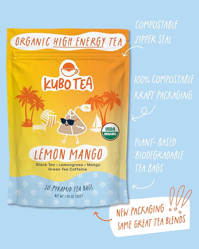 Kubo Tea Lemon Mango Black Tea - Organic High Caffeine Energy Blend - 20 Pyramid Tea Bags (155mg