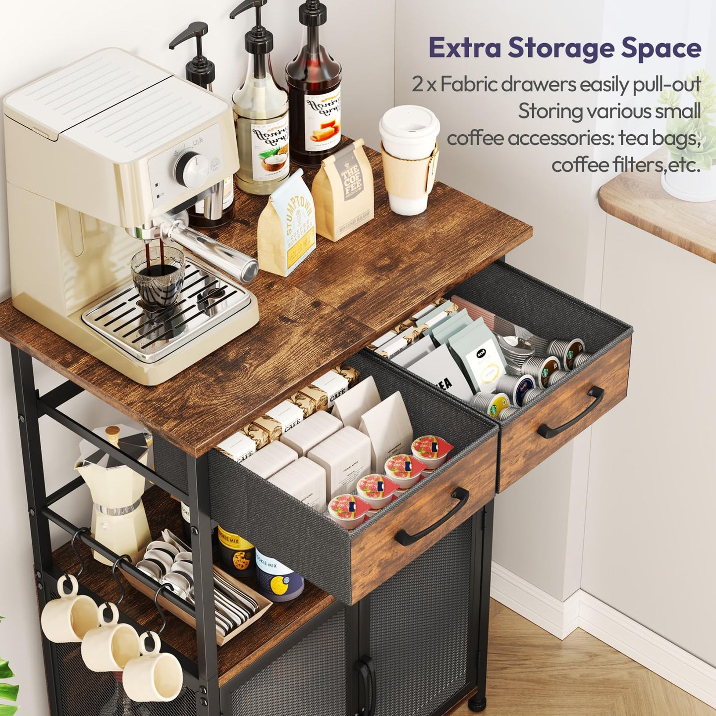 SWTYMIKI Coffee Bar Cabinet with Drawer - Coffee Stand Station with Removable Hooks, Buffet Cabinet