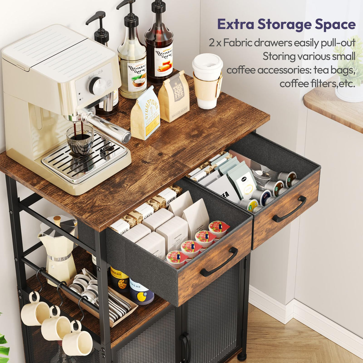 SWTYMIKI Coffee Bar Cabinet with Drawer - Coffee Stand Station with Removable Hooks, Buffet Cabinet