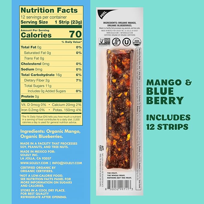 SOLELY - Organic Mango Blueberry Fruit Jerky - 12 Individually Wrapped Strips - Fruit Leather Made