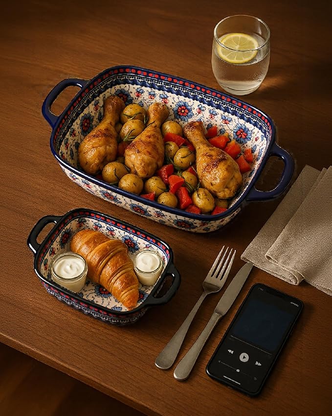 Ceramic Baking Dish Set of 2 ??Decorative Polish Pottery Style Casserole Dishes with Handles, Cute