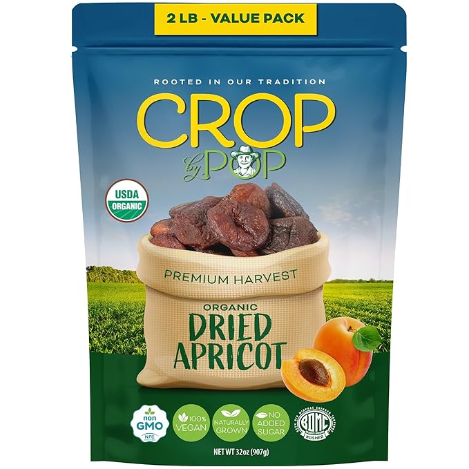 CROP BY POP - Organic Sun Dried Apricots, No Sugar Added, Unsulphured (32oz, 2 LB) Bulk Dry Fruits