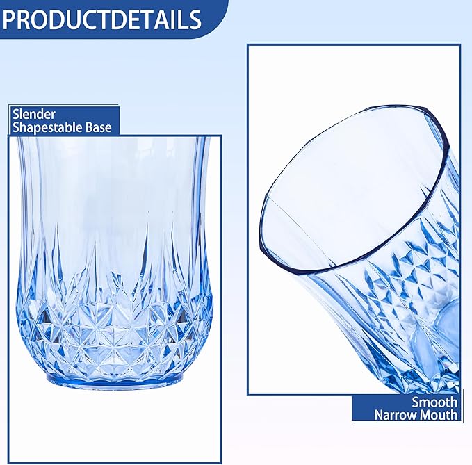 24 PCS Blue Stemless Wine Glasses，Plastic Reusable Cups 9OZ Vintage Drinking Glasses Tumblers for