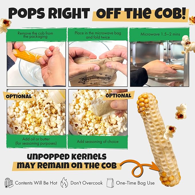 Poppin Cobs Microwave Popcorn on the Cob (10 PK) (Original) Whole Popcorn Kernels, Individually
