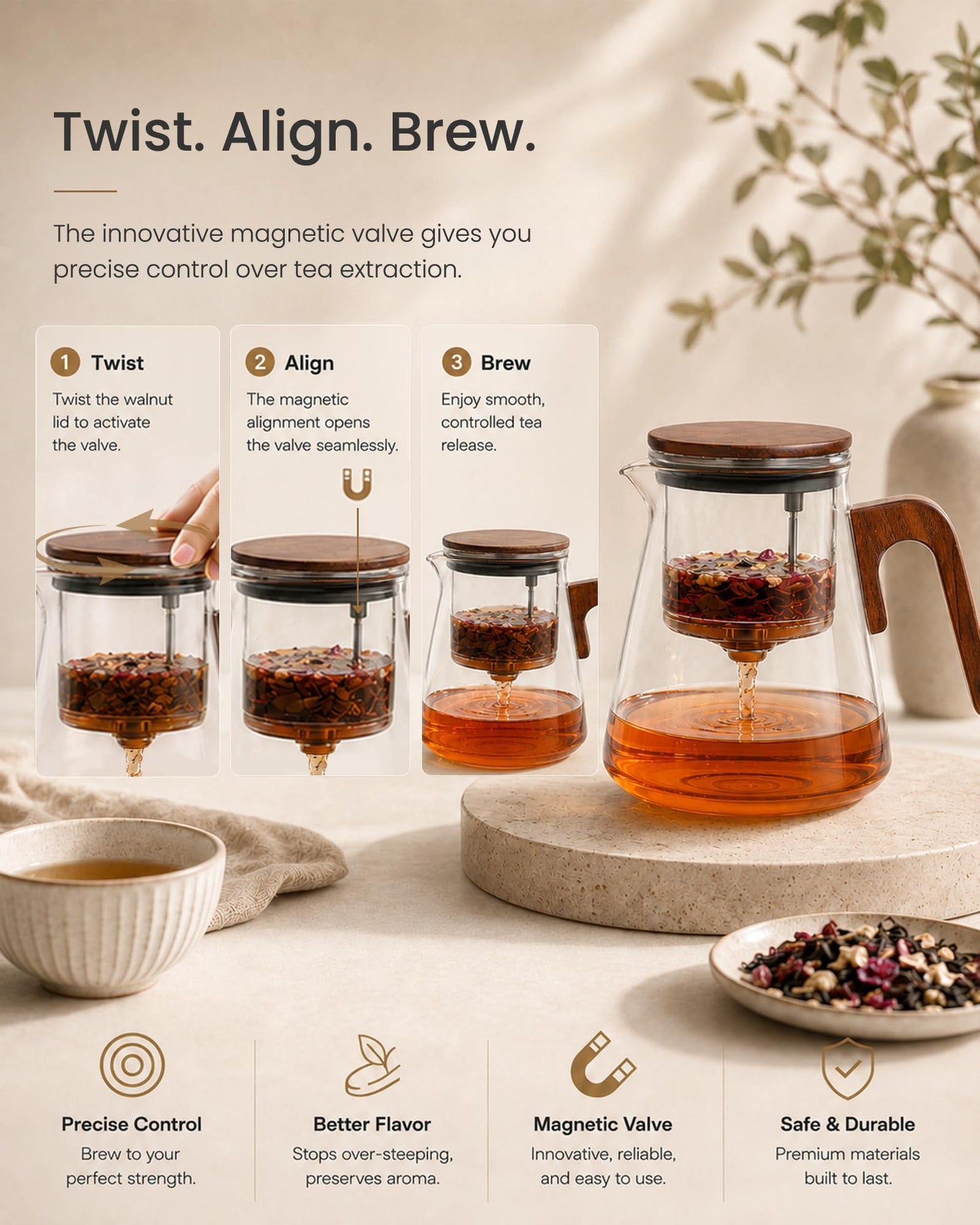 ZENS Magnetic Glass Infuser Teapot for Loose Tea, 27oz Walnut Wood Handle