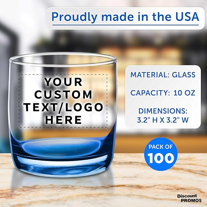DISCOUNT PROMOS Custom Whiskey Glasses 10 oz Set of 100, Personalized Bulk Pack - Heavy Base Old
