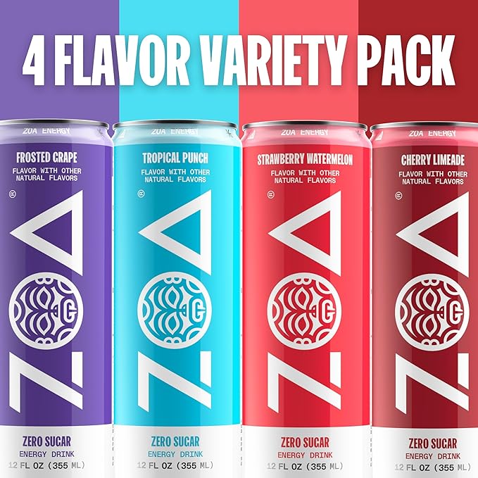 ZOA Zero Sugar Energy Drinks, Variety Pack - Sugar Free with Electrolytes, Healthy Vitamin C, Amino