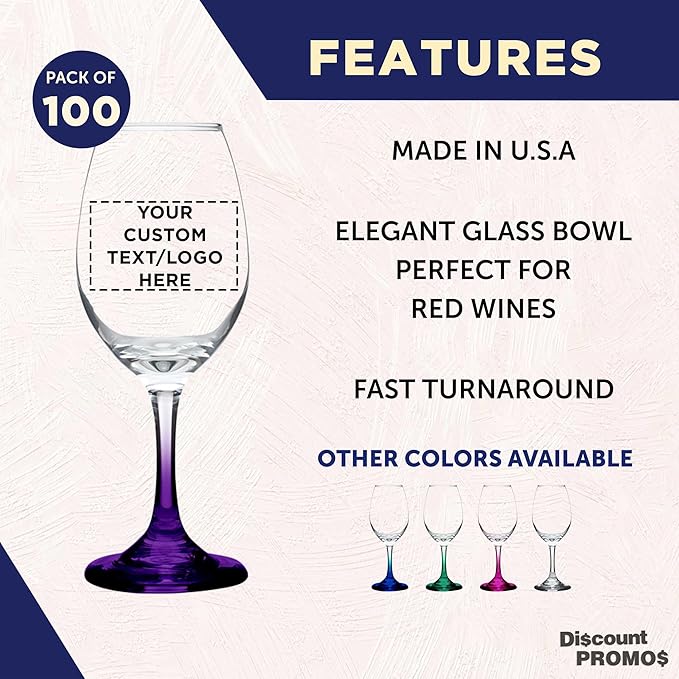 Custom Rioja Wine Glasses with Stem 10 oz. Set of 100, Personalized Bulk Pack - Color Bottom