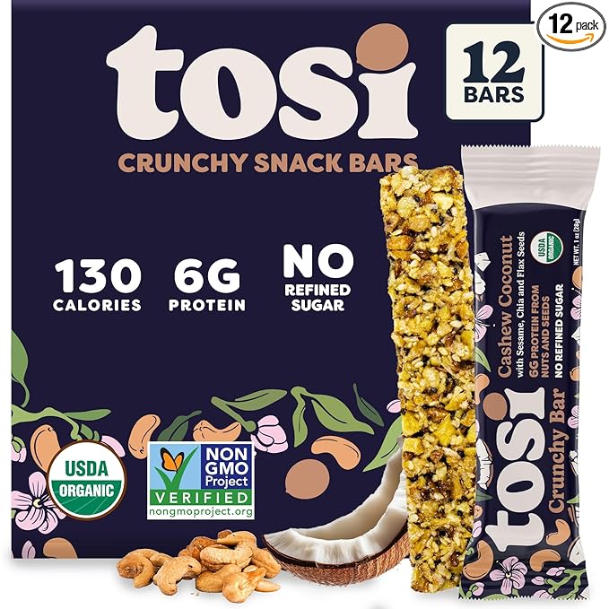 Tosi Cashew Coconut Protein Bars - Crunchy Nut & Seed Vegan Snack Bars, Gluten Free, 6g Plant Based