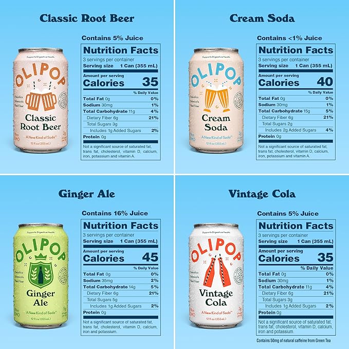 OLIPOP Prebiotic Soda Pop, Classic Soda Variety, Pantry Pack Packed with Prebiotics, Fiber, and