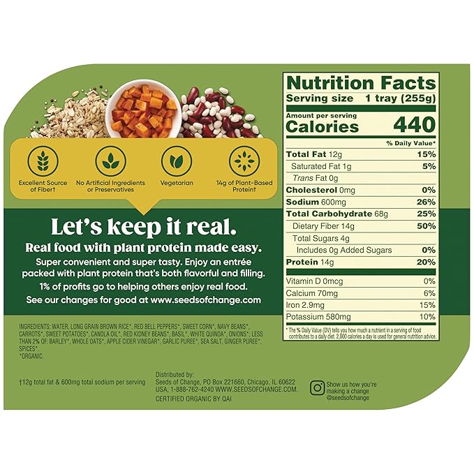 SEEDS OF CHANGE Organic Protein Bowl Harvest Herb, Prepared Entr챕e, Microwave in 90 Seconds, 9 oz