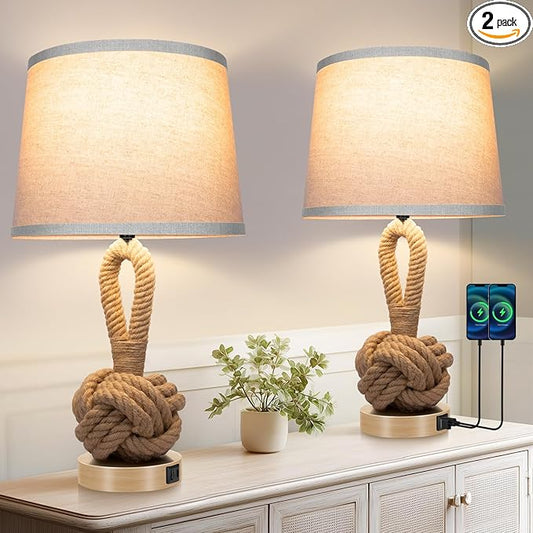 22" Rope Lamps for Night Stands, Bedside Lamps Set of 2, 3-Color Temperatures Boho Lamp with Rotary