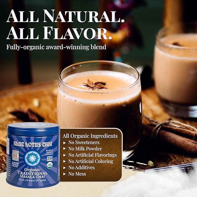 Blue Lotus Chai Tea - Fully Organic Traditional Masala Chai - Makes 65 Cups - 2 Ounce Masala Spiced