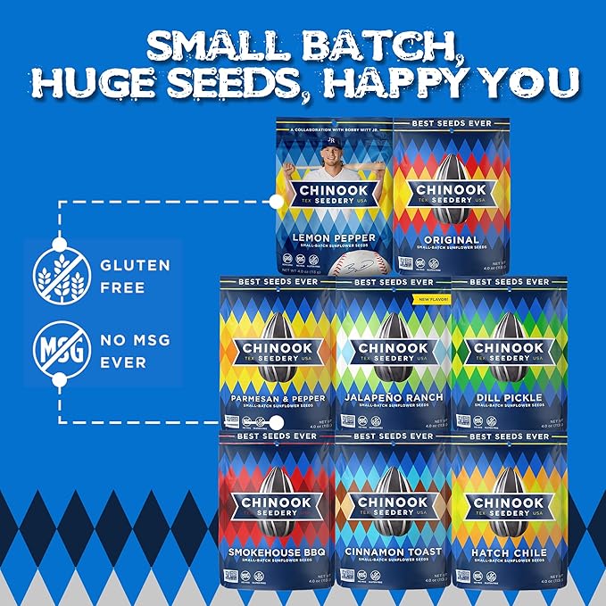 Chinook Seedery Roasted Jumbo Sunflower Seeds - Keto Snacks, Gluten-Free, Non-GMO, 8 Flavor Variety