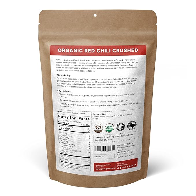 SPICY ORGANIC Crushed Red Pepper Flakes 8 oz. - Robust Chili Peppers Seasoning Spice - USDA