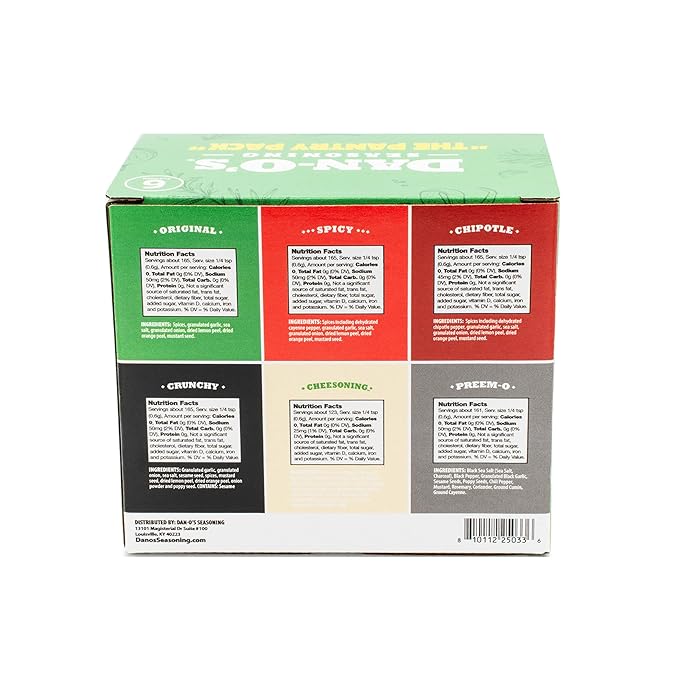 Dan-O's 6 Bottle Seasoning Set, Small Bottles, 6 Pack, Includes Original, Spicy, Chipotle, Crunchy