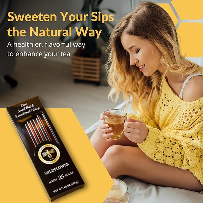 Wildflower Honey Straws, 25 Count - Raw Honey Sticks for Tea and Coffee - Perfect for Iced
